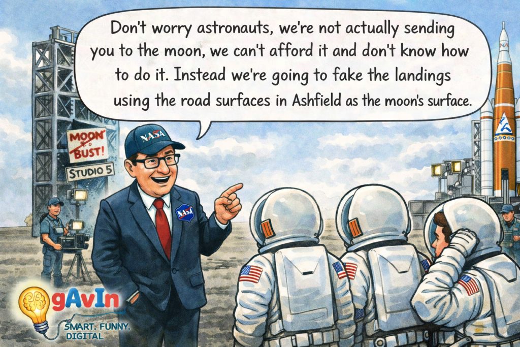 Satirical cartoon showing a smiling NASA official in a suit speaking to three astronauts in spacesuits at an Artemis rocket launch pad. A large speech bubble reads: “Don’t worry astronauts, we’re not actually sending you to the moon, we can’t afford it and don’t know how to do it. Instead we’re going to fake the landings using the road surfaces in Ashfield as the moon’s surface.” A film crew and a sign reading “MOON BUST! STUDIO 5” appear in the background. A small “gAvIn – Smart. Funny. Digital.” logo sits in the bottom left corner.