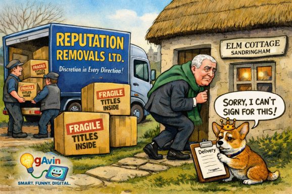 Satirical cartoon showing a removal van labelled “Reputation Removals Ltd” unloading boxes marked “Fragile: Titles Inside” outside Elm Cottage on the Sandringham Estate. A nervous former Prince Andrew tiptoes toward the cottage door while a royal corgi wearing a crown holds a clipboard and refuses to sign for the delivery. A small “gAvIn – Smart. Funny. Digital.” logotype appears in the bottom-left corner.