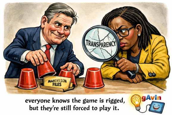 Satirical cartoon showing UK prime minister Keir Starmer running a shell-game on a table, lifting a red cup to reveal a folder labelled “Mandelson Files” instead of a ball. Opposite him, Kemi Badenoch leans in with folded arms, scrutinising the game through a large cracked magnifying glass labelled “Transparency”. The caption reads: “everyone knows the game is rigged, but they’re still forced to play it.” A small “gAvIn” logo with a lightbulb and smiling tablet appears in the bottom-right corner.