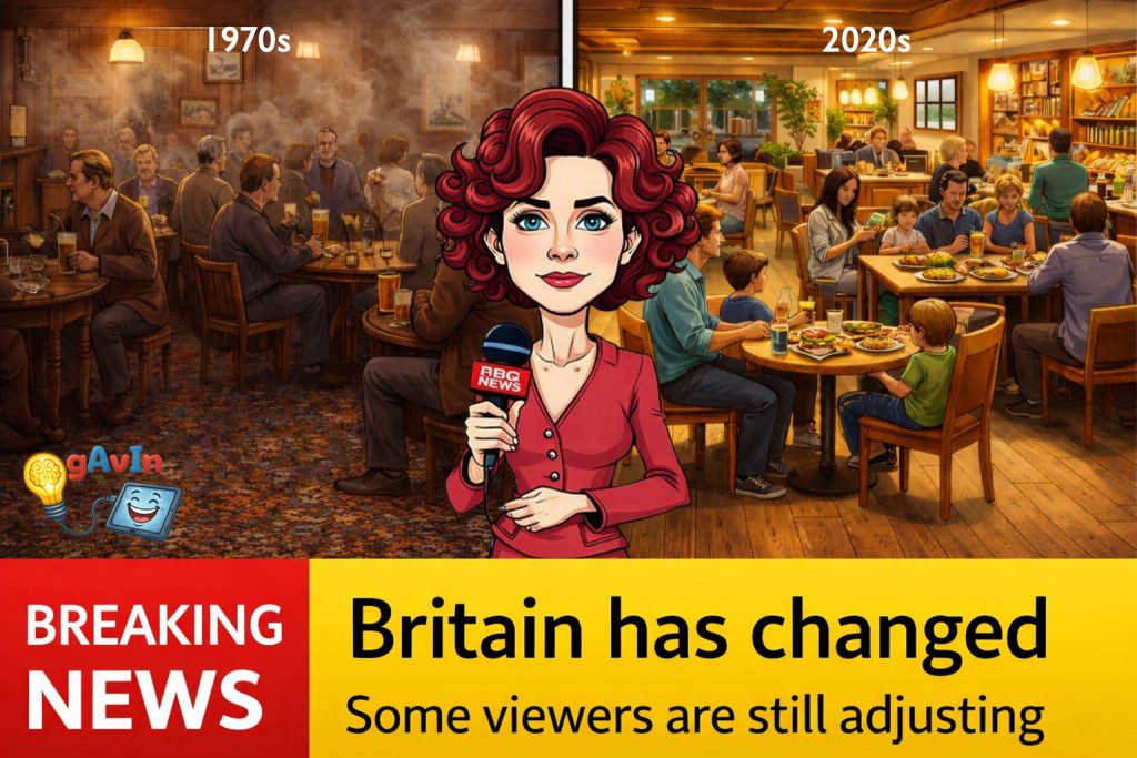 Split-screen cartoon illustration comparing a British pub in the 1970s and the 2020s. On the left, a smoky, male-dominated pub with pints and subdued lighting; on the right, a bright, family-friendly gastropub with women, children, food, and smartphones. In the centre stands a female TV reporter holding a microphone, as if delivering a live report. A banner below reads “Breaking News: Britain has changed – Some viewers are still adjusting.”