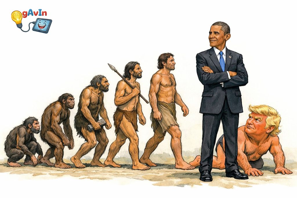 A satirical cartoon illustrating a parody of human evolution, showing a progression of figures from left to right. It starts with an ape, followed by several stages of upright-walking early humans. The line culminates with Barack Obama, standing tall in a suit with his arms crossed. Below him, a caricatured Donald Trump with orange hair is shown crawling on all fours, looking up at Obama. The image also has a logo in the top left corner.