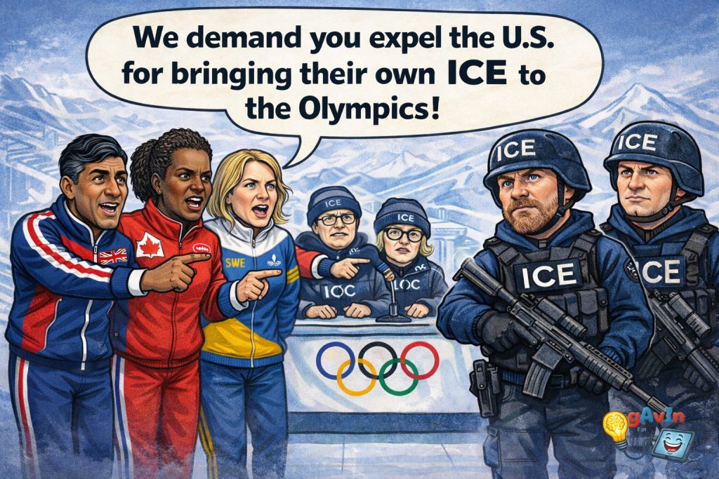 Satirical cartoon set at the Winter Olympics showing a group of international coaches—men and women of different ethnic backgrounds—wearing colourful national tracksuits and angrily pointing at two armed U.S. ICE officers in tactical gear. The coaches confront Olympic officials seated behind an IOC desk, with the Olympic rings visible below. A speech bubble above the group reads: ‘We demand you expel the U.S. for bringing their own ICE to the Olympics!’ Snowy mountains form the background.