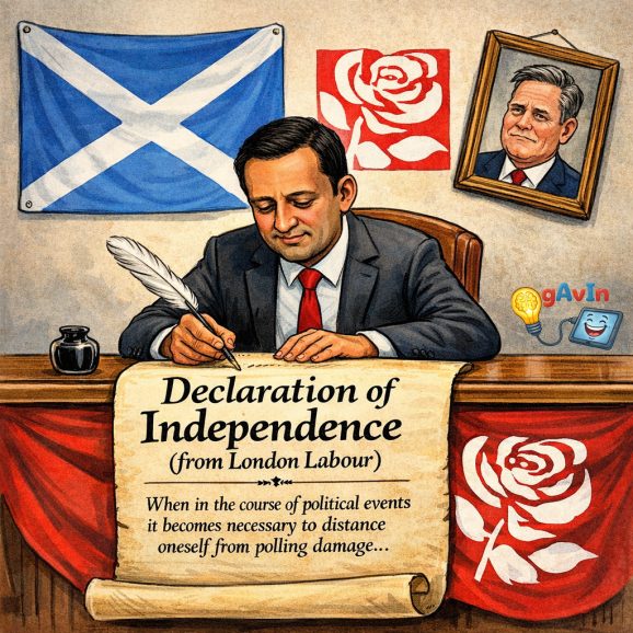 Satirical cartoon of Anas Sarwar seated at a wooden desk, signing a parchment with a quill. The parchment is headed in large text “Declaration of Independence”, with smaller text beneath reading “(from London Labour)”. Behind him on the wall hang the Scottish Saltire and a Labour rose emblem, visually linking Scotland and the Labour Party. The desk is draped with red fabric bearing a Labour rose. A slightly crooked framed portrait of Keir Starmer looks on from the wall, reinforcing the joke about political separation.