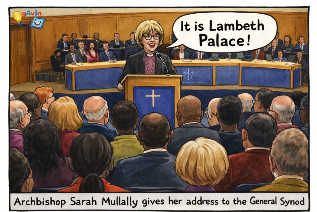 A satirical cartoon shows Archbishop Sarah Mullally standing at a podium with a blue panel and gold cross, addressing the General Synod. She is speaking into a microphone and smiling, with a speech bubble reading: “It is Lambeth Palace!” The scene is viewed from behind rows of seated members — men and women of varied ages and ethnic backgrounds — whose heads and shoulders fill the foreground. Behind the Archbishop, senior clergy and lay leaders sit at a curved table in a wood-panelled chamber. A caption beneath the image reads: “Archbishop Sarah Mullally gives her address to the General Synod.”