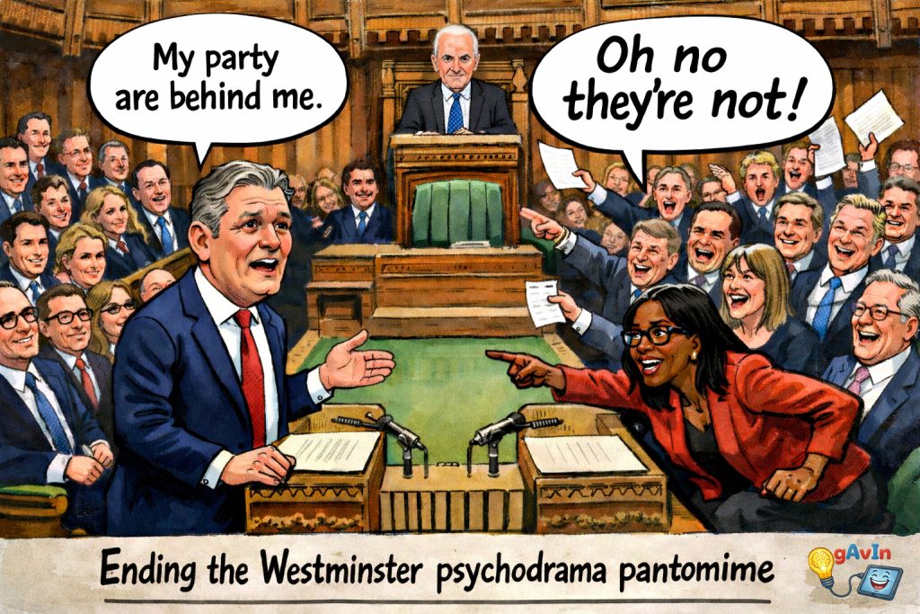 Satirical cartoon set in the House of Commons during Prime Minister’s Questions. Keir Starmer stands at the despatch box on the government side, gesturing as he says in a speech bubble, “My party are behind me.” Opposite him, Kemi Badenoch leans forward from the opposition benches, pointing and replying in a large speech bubble, “Oh no they’re not!” MPs on both sides are animated, some laughing and waving papers. The Speaker, depicted as an older man with thinning white-grey hair, sits centrally above them. Along the bottom, a beige caption bar reads, left-aligned in slightly smaller text, “Ending the Westminster psychodrama pantomime"
