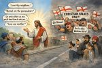 Satirical cartoon about Ramadan lights in London. On the left, Jesus calmly teaches a diverse crowd with speech bubbles quoting “Love your neighbour” and “Blessed are the peacemakers.” On the right, across a road, men waving St George’s flags hold a banner reading “Christian values only” and shout “Go home!” at Muslims, a Sikh and an Orthodox Jew, contrasting Christ’s message with modern hostility over Ramadan lights.