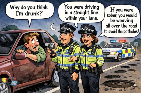 Satirical cartoon of a British police stop at night on a pothole-ridden road. A startled driver leans out of a red car asking, “Why do you think I’m drunk?” A male police officer in high-visibility uniform holds a breathalyser and replies, “You were driving in a straight line within your lane.” A female officer smiles and adds, “If you were sober, you would be weaving all over the road to avoid the potholes!” A police car with flashing lights is parked behind them, and large potholes are visible in the road.