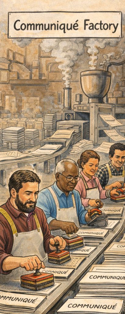 Editorial cartoon titled “Communiqué Factory” showing workers on a production line stamping large piles of documents labelled “Communiqué”, with machines and conveyor belts producing endless stacks of statements.
