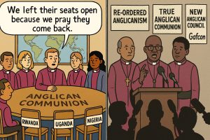 Cartoon showing Anglican Communion bishops meeting around a table with three empty chairs labelled Rwanda, Uganda and Nigeria, while three bishops hold a press conference claiming to represent the “true Anglican Communion”.