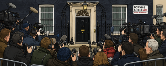 Cartoon-style illustration of journalists, photographers and television camera crews gathered outside 10 Downing Street, all facing the famous black front door amid intense media scrutiny of the Prime Minister.